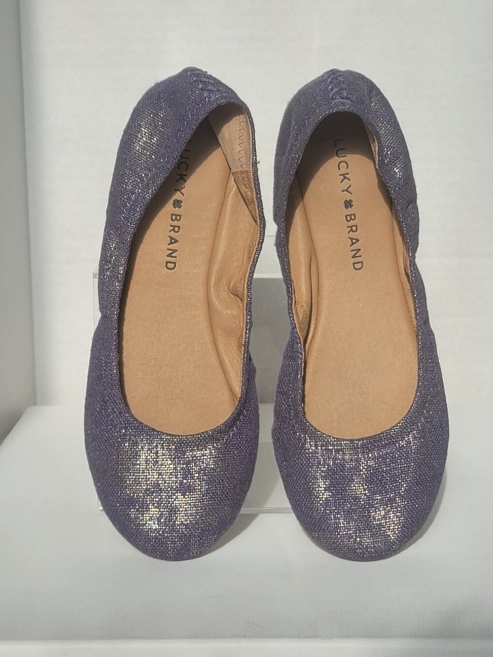 Lucky Brand Emmie Gold Metallic Shimmer Denim Round Toe Ballet Flat Shoes Sz 7M